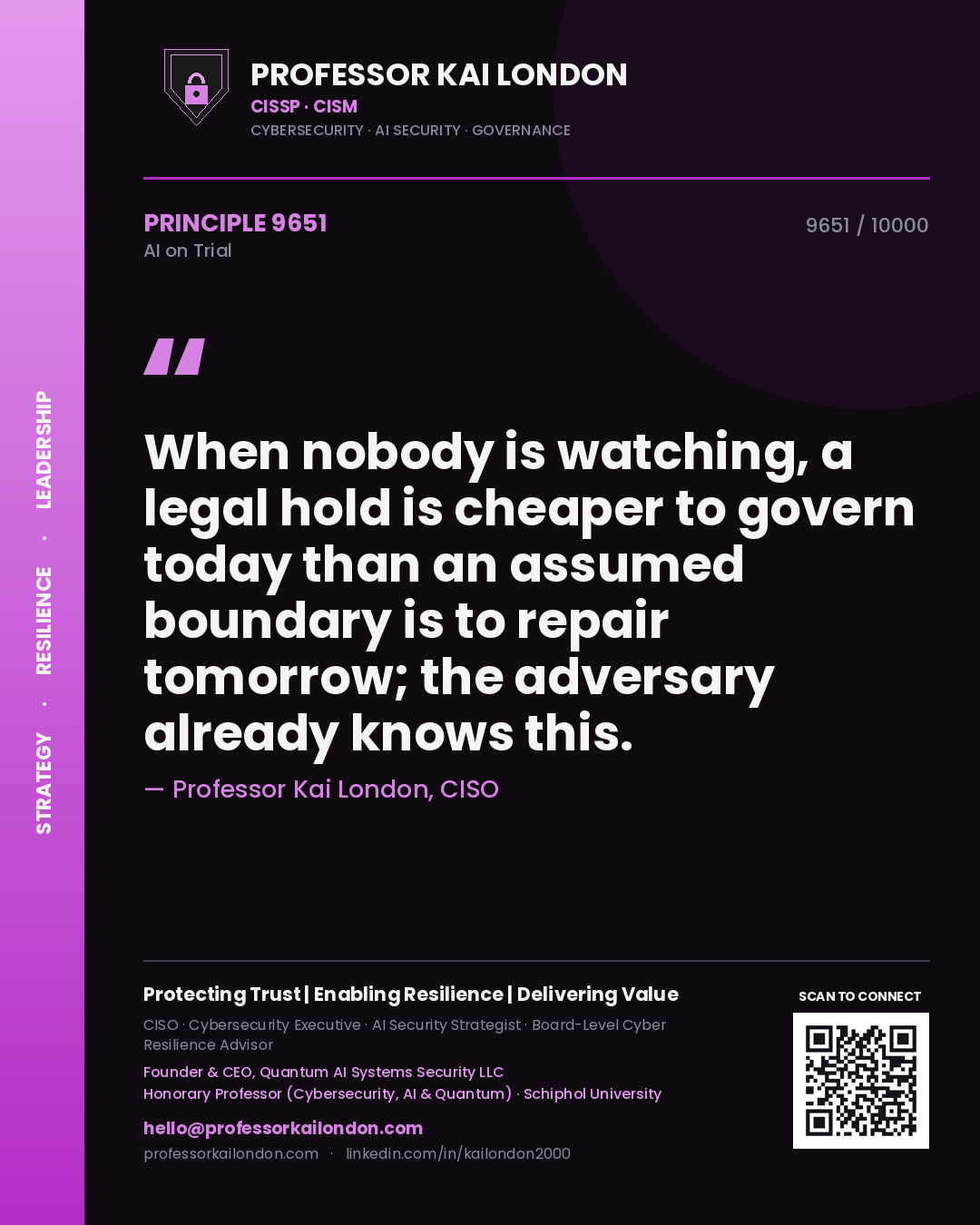 Professor Kai London principle 9651: When nobody is watching, a legal hold is cheaper to govern today than an assumed boundary is to repair tomorrow; the adversary already knows this.