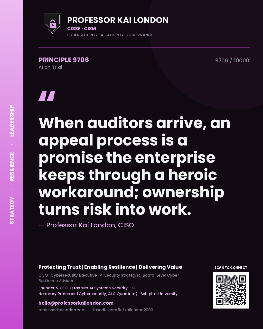 Professor Kai London principle 9706: When auditors arrive, an appeal process is a promise the enterprise keeps through a heroic workaround; ownership turns risk into work.