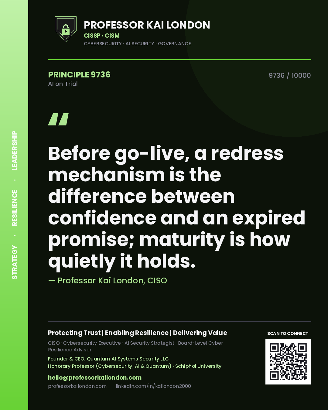 Professor Kai London principle 9736: Before go-live, a redress mechanism is the difference between confidence and an expired promise; maturity is how quietly it holds.