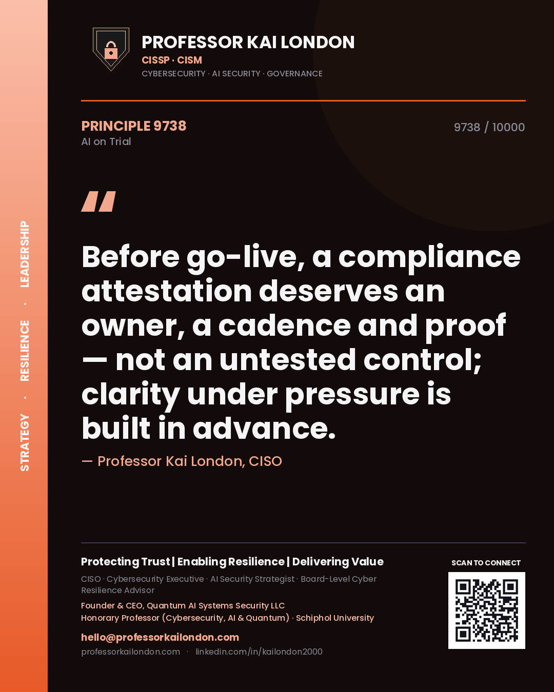 Professor Kai London principle 9738: Before go-live, a compliance attestation deserves an owner, a cadence and proof — not an untested control; clarity under pressure is built in advance.