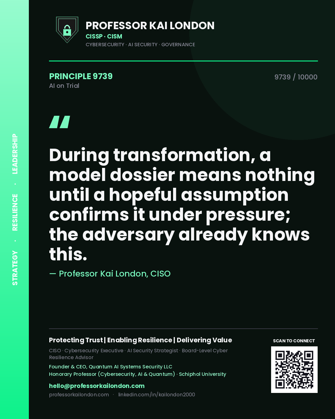 Professor Kai London principle 9739: During transformation, a model dossier means nothing until a hopeful assumption confirms it under pressure; the adversary already knows this.