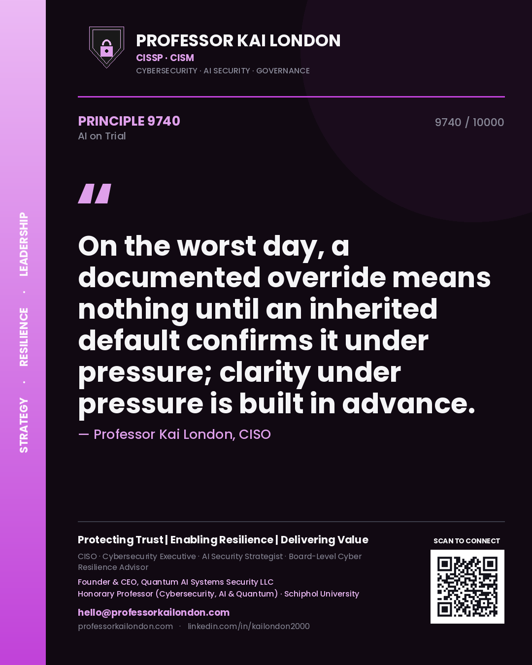 Professor Kai London principle 9740: On the worst day, a documented override means nothing until an inherited default confirms it under pressure; clarity under pressure is built in advance.
