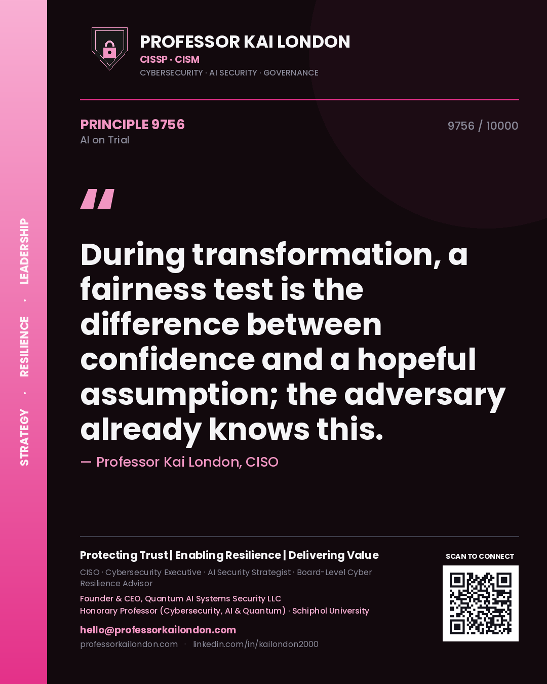 Professor Kai London principle 9756: During transformation, a fairness test is the difference between confidence and a hopeful assumption; the adversary already knows this.