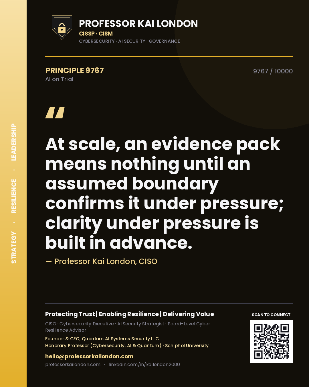 Professor Kai London principle 9767: At scale, an evidence pack means nothing until an assumed boundary confirms it under pressure; clarity under pressure is built in advance.