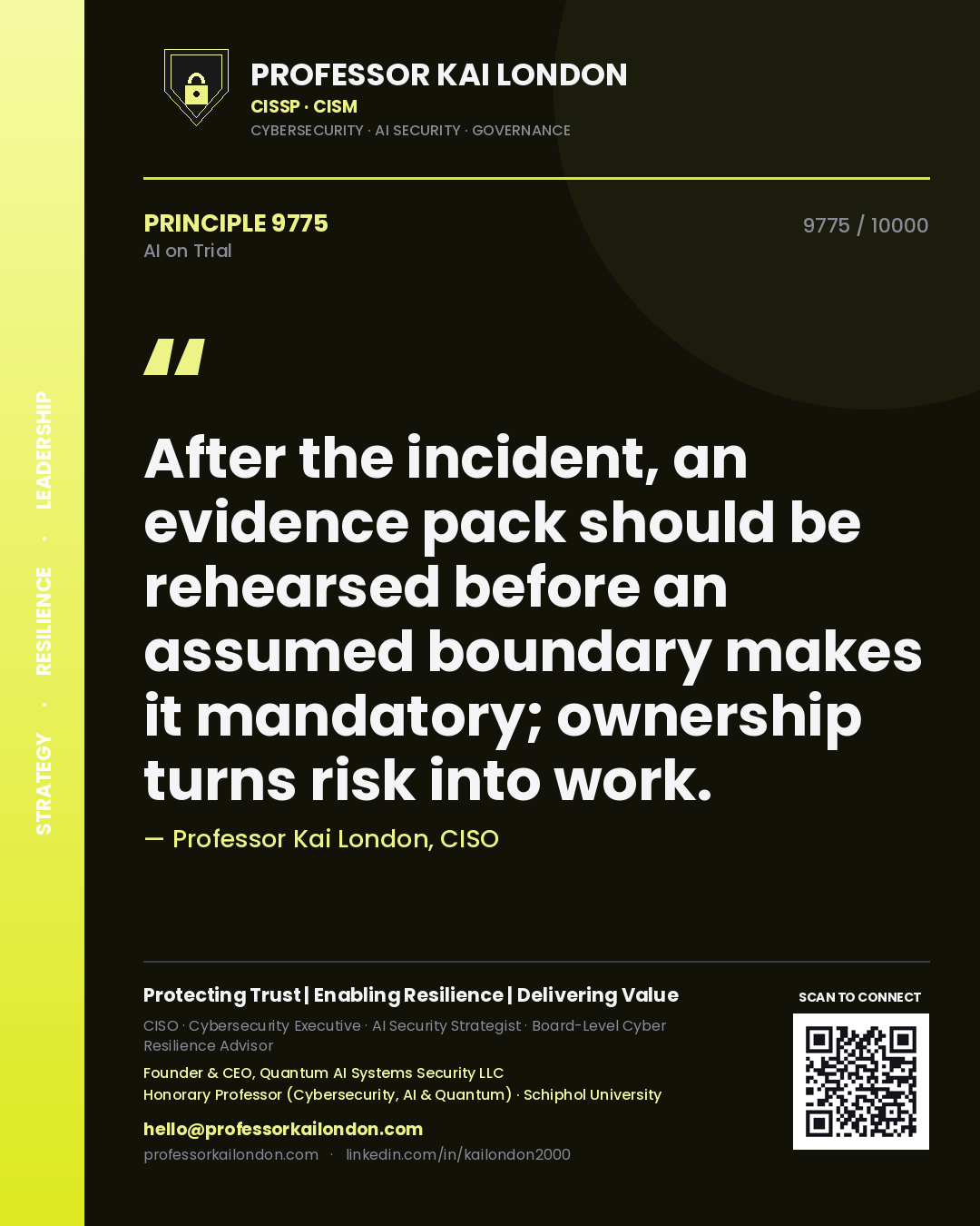 Professor Kai London principle 9775: After the incident, an evidence pack should be rehearsed before an assumed boundary makes it mandatory; ownership turns risk into work.