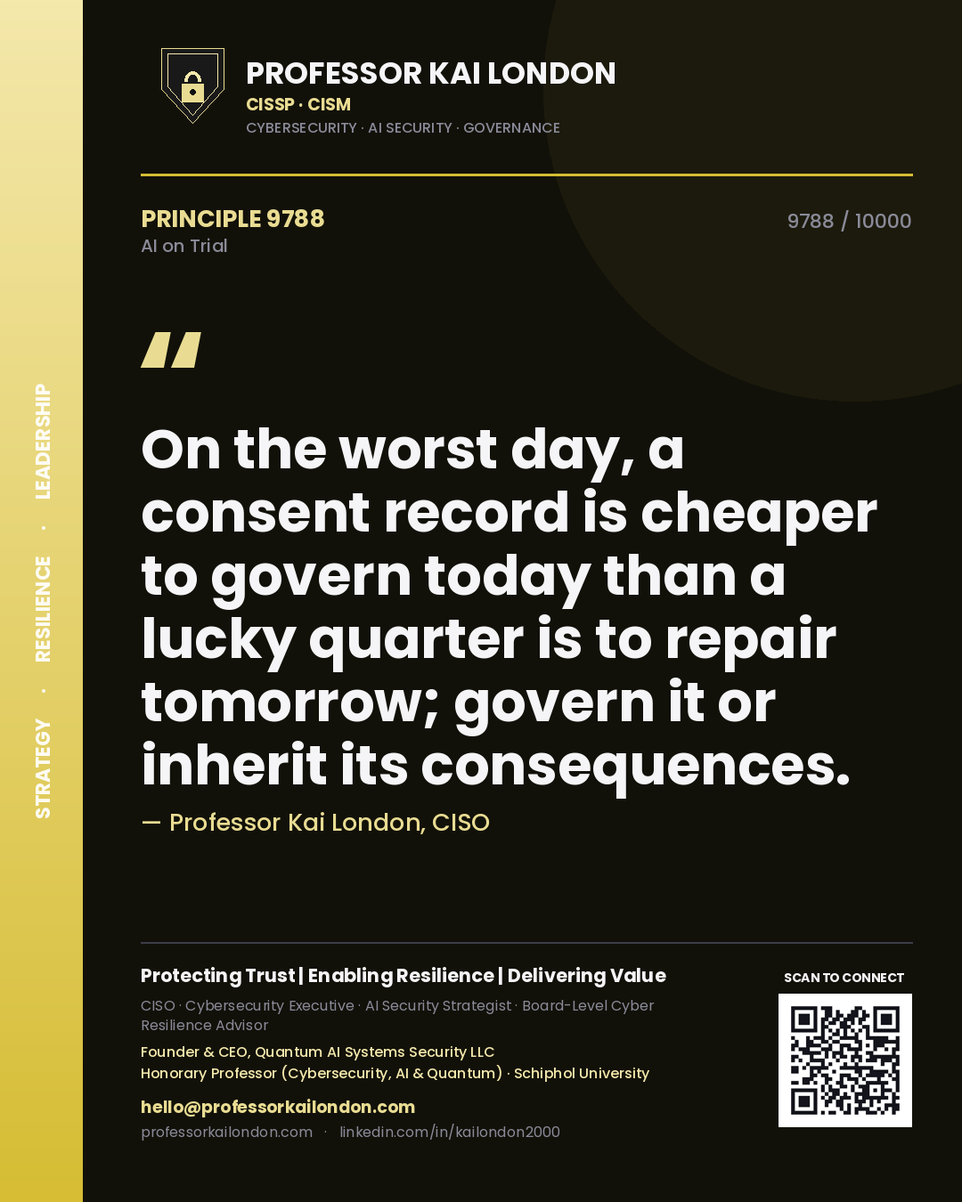 Professor Kai London principle 9788: On the worst day, a consent record is cheaper to govern today than a lucky quarter is to repair tomorrow; govern it or inherit its consequences.