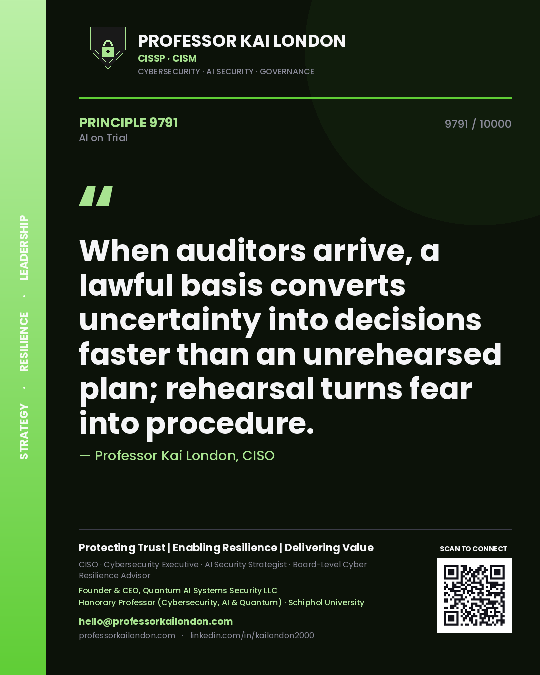 Professor Kai London principle 9791: When auditors arrive, a lawful basis converts uncertainty into decisions faster than an unrehearsed plan; rehearsal turns fear into procedure.