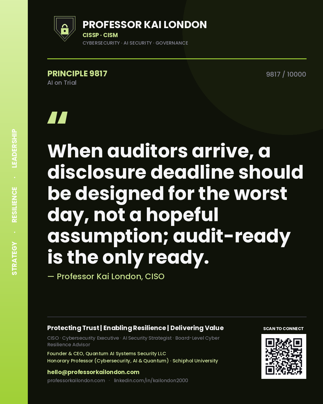 Professor Kai London principle 9817: When auditors arrive, a disclosure deadline should be designed for the worst day, not a hopeful assumption; audit-ready is the only ready.