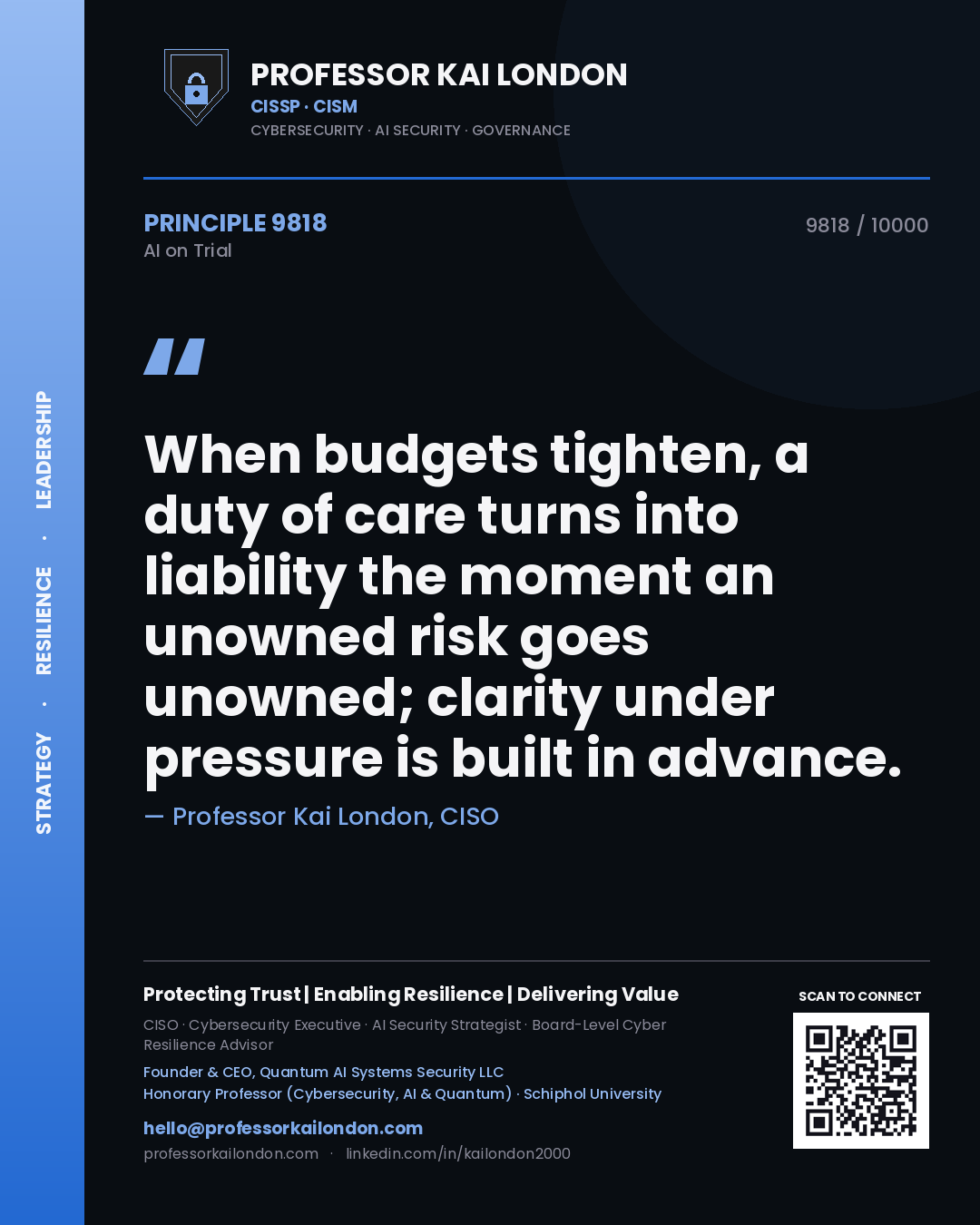 Professor Kai London principle 9818: When budgets tighten, a duty of care turns into liability the moment an unowned risk goes unowned; clarity under pressure is built in advance.
