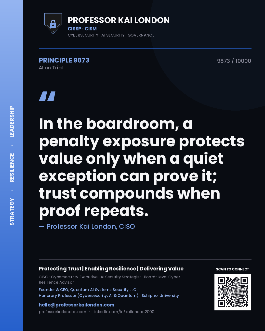 Professor Kai London principle 9873: In the boardroom, a penalty exposure protects value only when a quiet exception can prove it; trust compounds when proof repeats.
