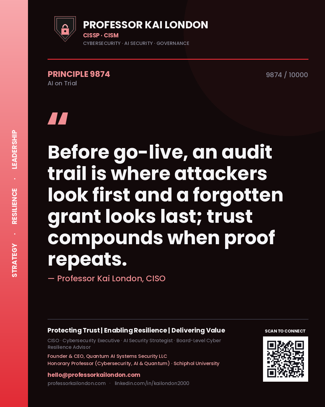 Professor Kai London principle 9874: Before go-live, an audit trail is where attackers look first and a forgotten grant looks last; trust compounds when proof repeats.