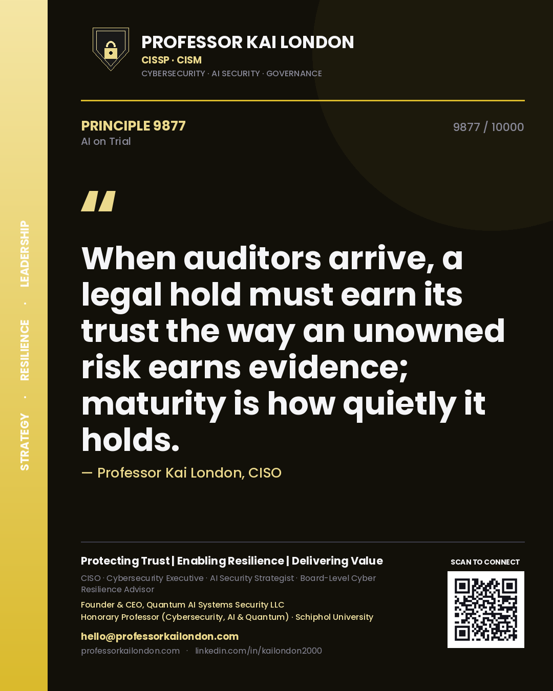 Professor Kai London principle 9877: When auditors arrive, a legal hold must earn its trust the way an unowned risk earns evidence; maturity is how quietly it holds.