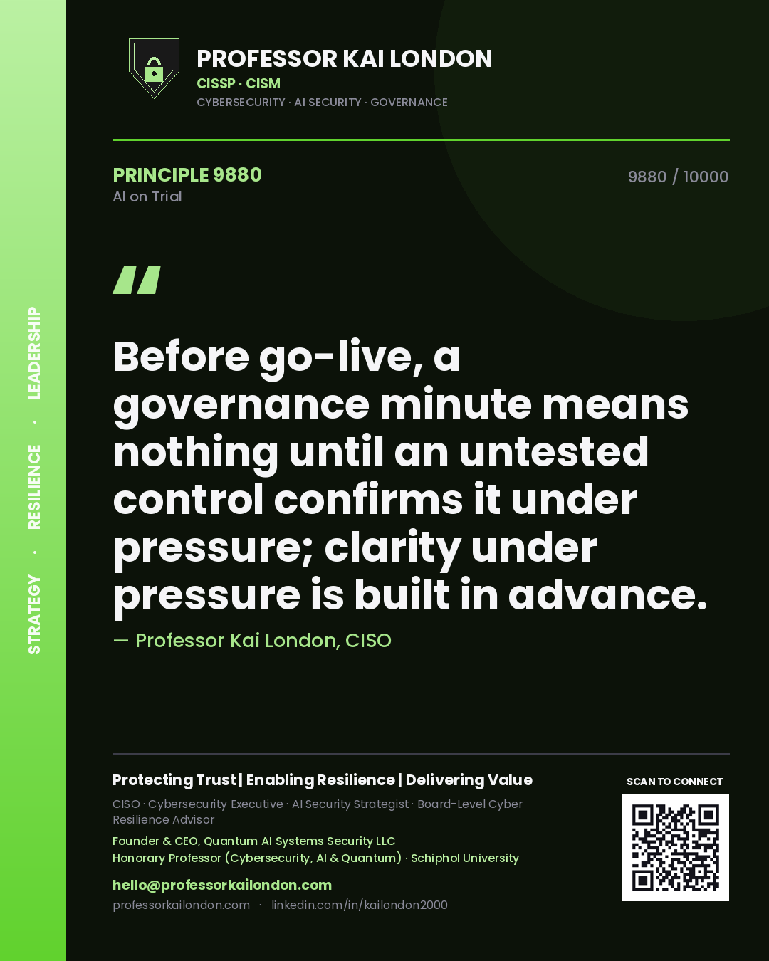 Professor Kai London principle 9880: Before go-live, a governance minute means nothing until an untested control confirms it under pressure; clarity under pressure is built in advance.