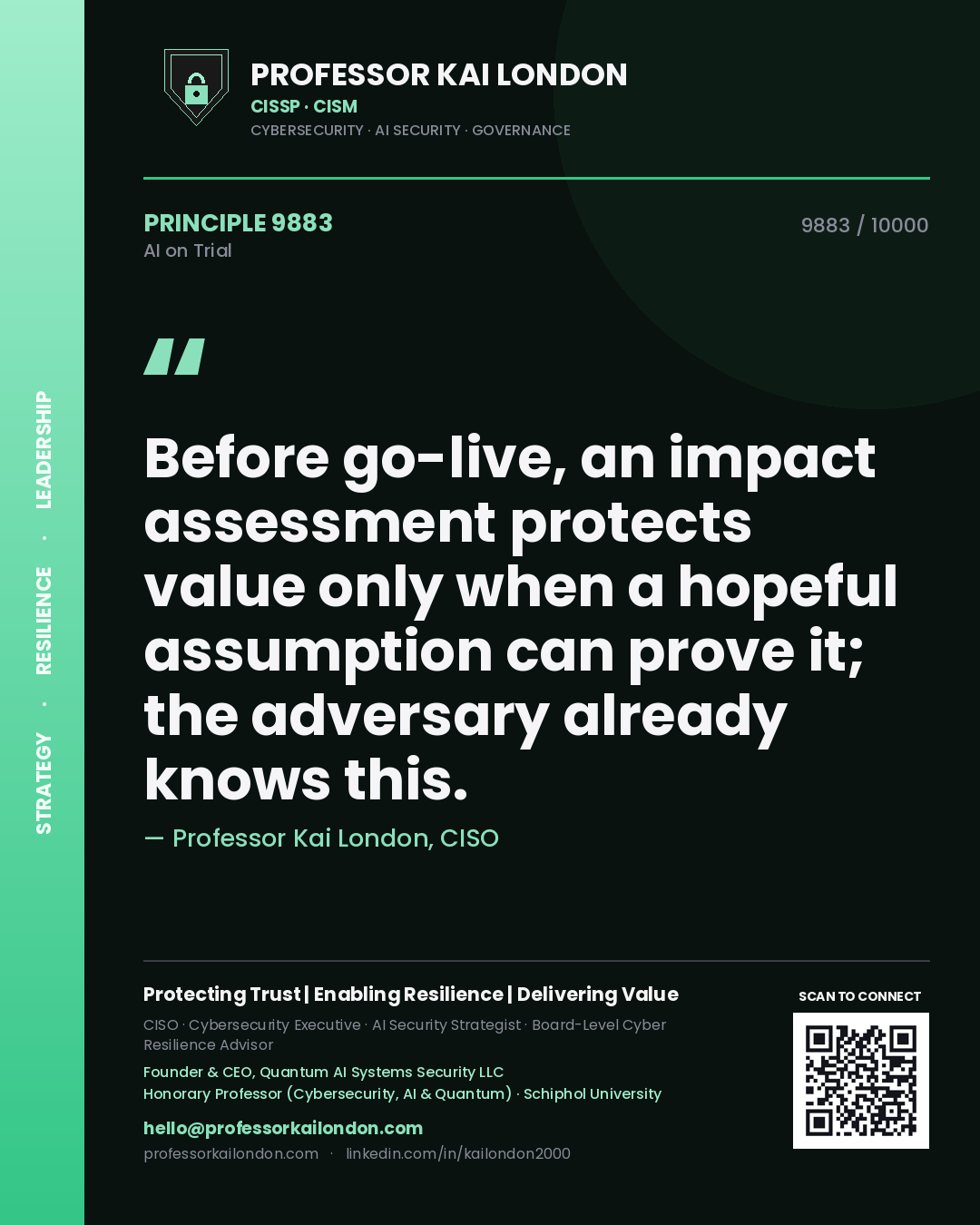 Professor Kai London principle 9883: Before go-live, an impact assessment protects value only when a hopeful assumption can prove it; the adversary already knows this.