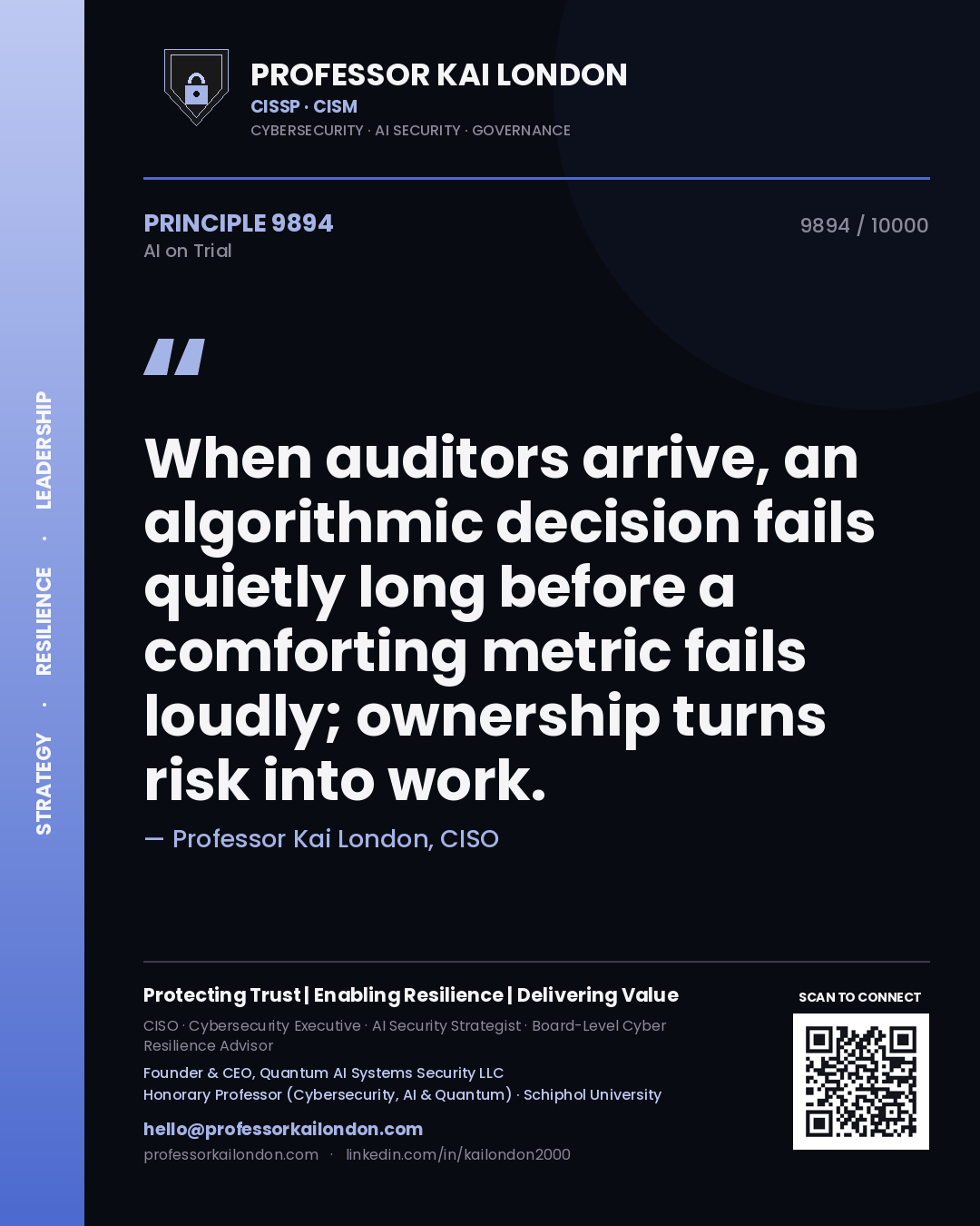 Professor Kai London principle 9894: When auditors arrive, an algorithmic decision fails quietly long before a comforting metric fails loudly; ownership turns risk into work.