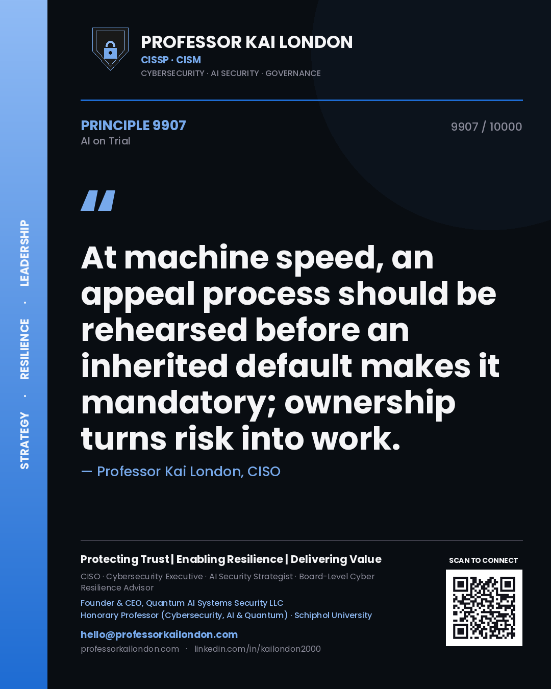 Quote card by Professor Kai London reading 'At machine speed, an appeal process should be rehearsed before an inherited default makes it mandatory; ownership turns risk into work.'. From the book AI on Trial.