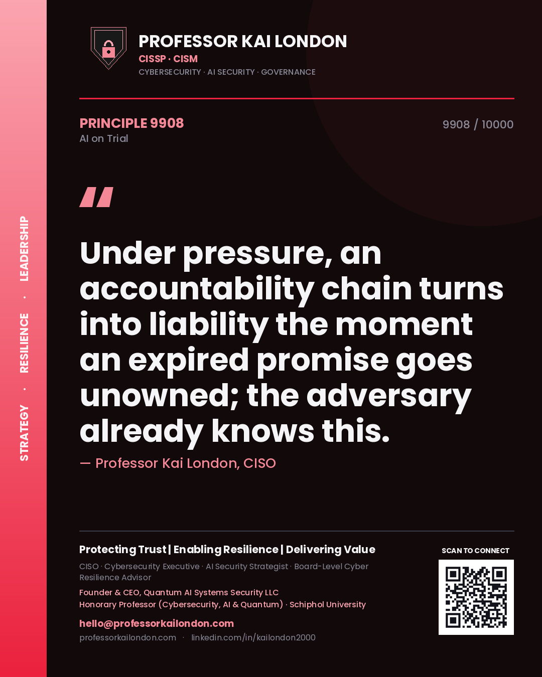 Quote card by Professor Kai London reading 'Under pressure, an accountability chain turns into liability the moment an expired promise goes unowned; the adversary already knows this.'. From the book AI on Trial.