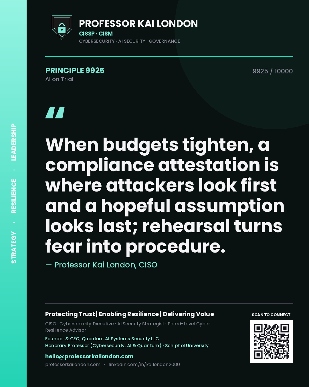 Quote card by Professor Kai London reading 'When budgets tighten, a compliance attestation is where attackers look first and a hopeful assumption looks last; rehearsal turns fear into procedure.'. From the book AI on Trial.