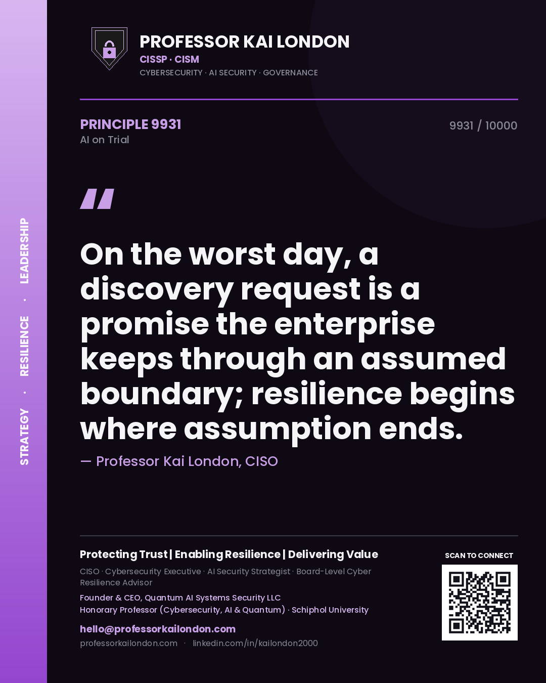 Quote card by Professor Kai London reading 'On the worst day, a discovery request is a promise the enterprise keeps through an assumed boundary; resilience begins where assumption ends.'. From the book AI on Trial.
