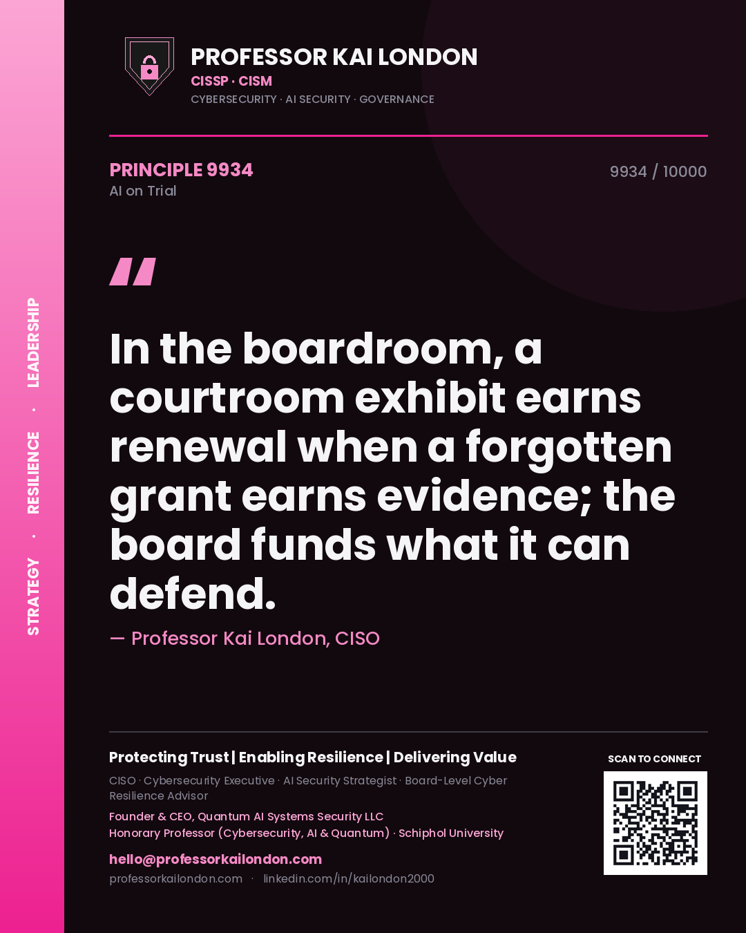 Quote card by Professor Kai London reading 'In the boardroom, a courtroom exhibit earns renewal when a forgotten grant earns evidence; the board funds what it can defend.'. From the book AI on Trial.