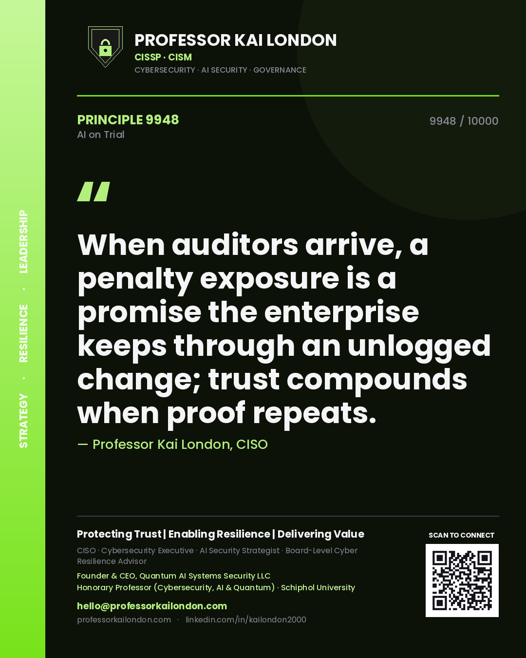 Professor Kai London principle 9948: When auditors arrive, a penalty exposure is a promise the enterprise keeps through an unlogged change; trust compounds when proof repeats.
