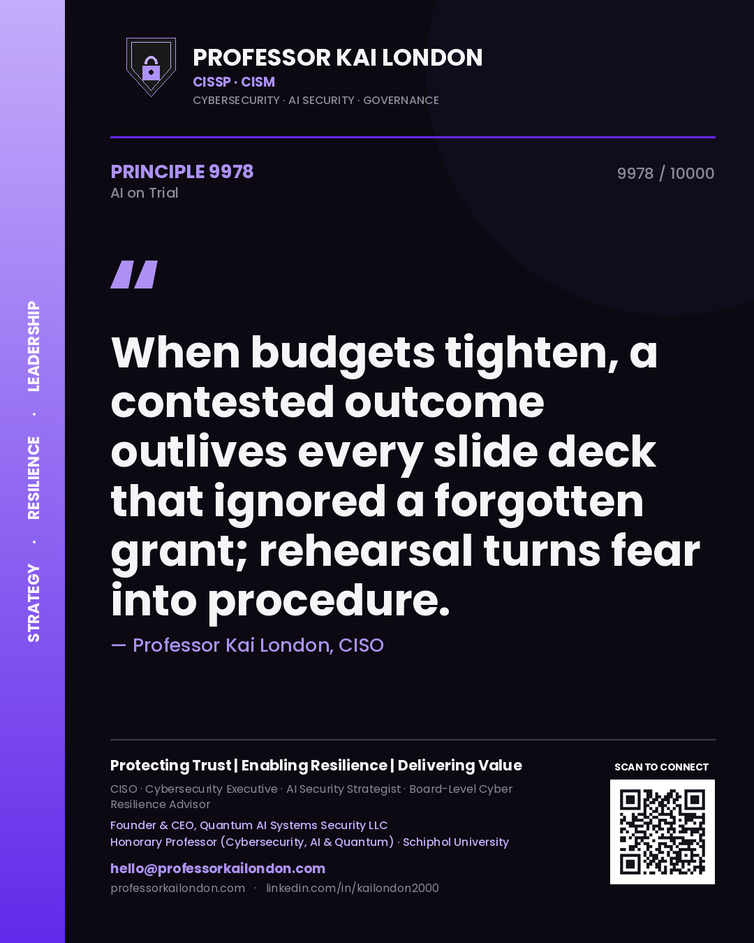 Quote card by Professor Kai London reading 'When budgets tighten, a contested outcome outlives every slide deck that ignored a forgotten grant; rehearsal turns fear into procedure.'. From the book AI on Trial.