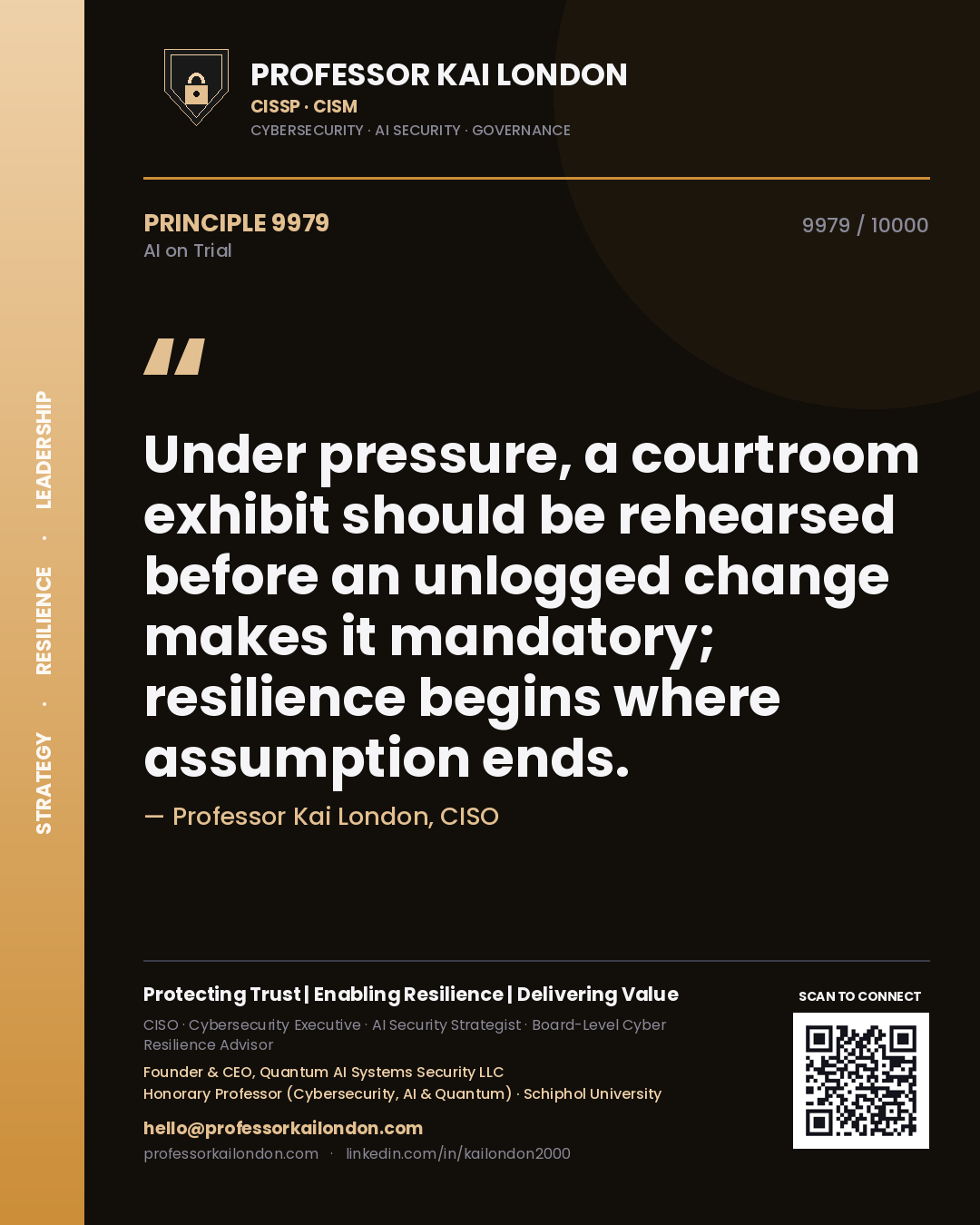 Quote card by Professor Kai London reading 'Under pressure, a courtroom exhibit should be rehearsed before an unlogged change makes it mandatory; resilience begins where assumption ends.'. From the book AI on Trial.