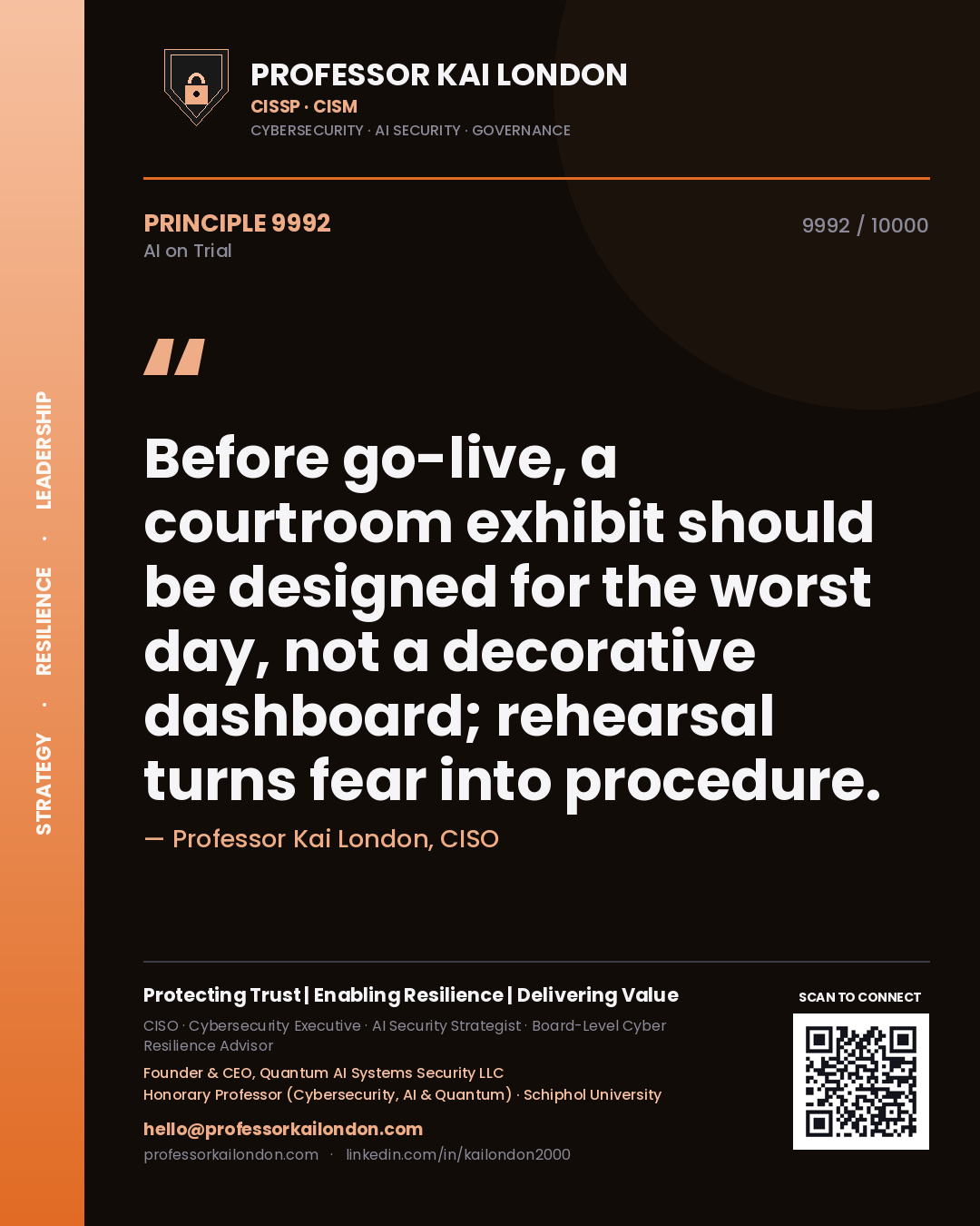 Professor Kai London principle 9992: Before go-live, a courtroom exhibit should be designed for the worst day, not a decorative dashboard; rehearsal turns fear into procedure.