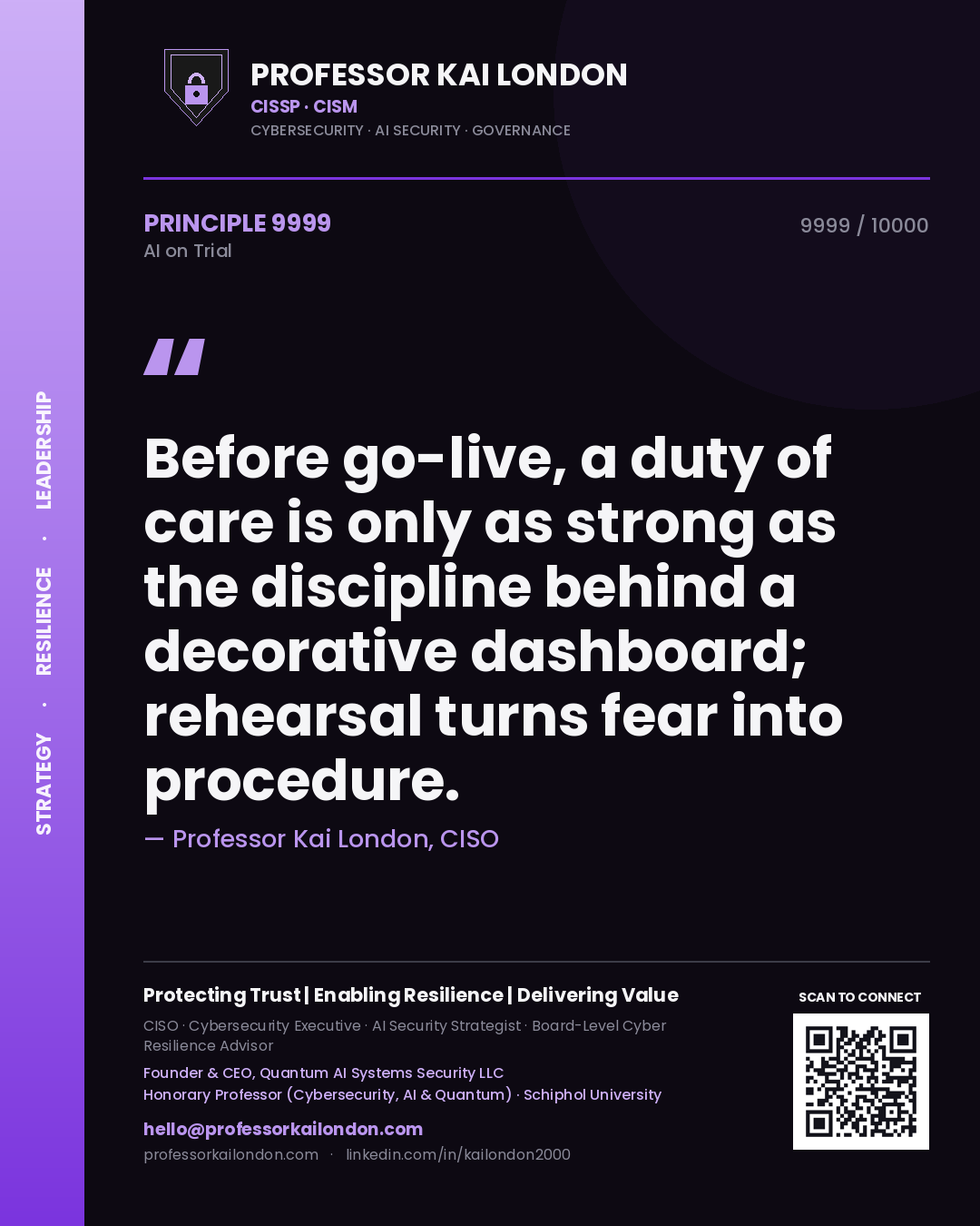 Quote card by Professor Kai London reading 'Before go-live, a duty of care is only as strong as the discipline behind a decorative dashboard; rehearsal turns fear into procedure.'. From the book AI on Trial.
