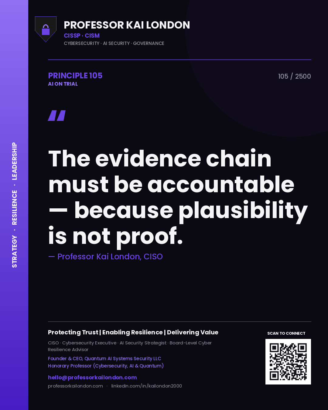 Professor Kai London principle 105: The evidence chain must be accountable — because plausibility is not proof.