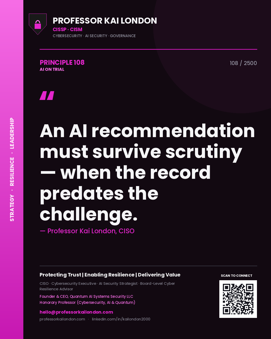 Professor Kai London principle 108: An AI recommendation must survive scrutiny — when the record predates the challenge.