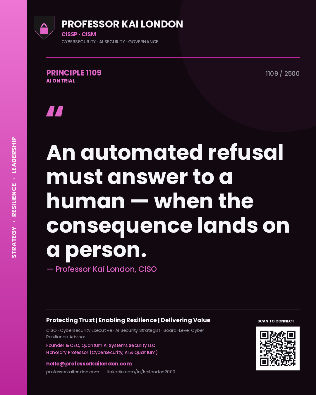 Professor Kai London principle 1109: An automated refusal must answer to a human — when the consequence lands on a person.