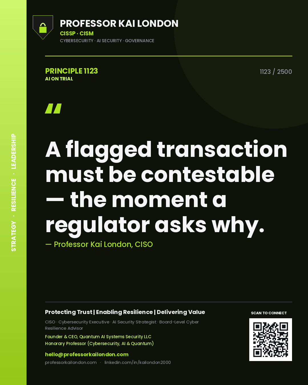 Professor Kai London principle 1123: A flagged transaction must be contestable — the moment a regulator asks why.