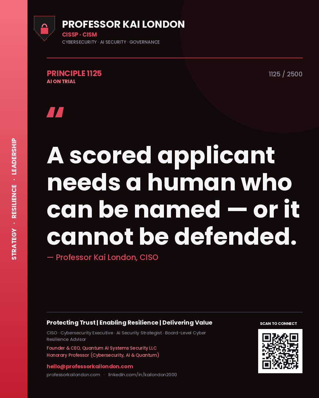 Professor Kai London principle 1125: A scored applicant needs a human who can be named — or it cannot be defended.