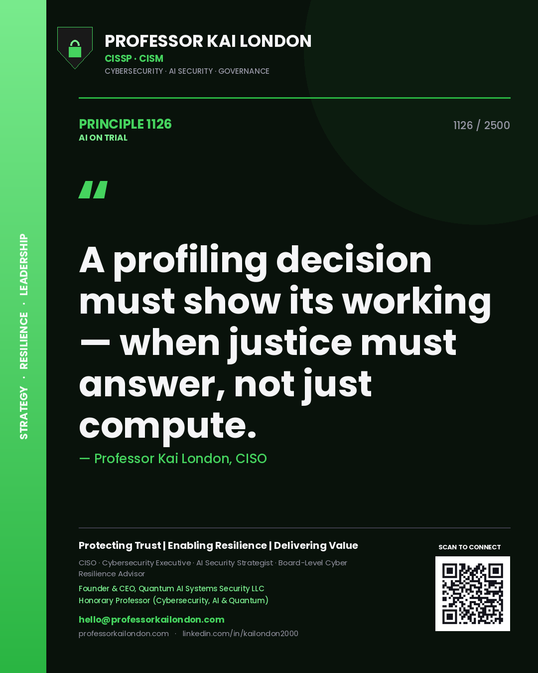 Professor Kai London principle 1126: A profiling decision must show its working — when justice must answer, not just compute.