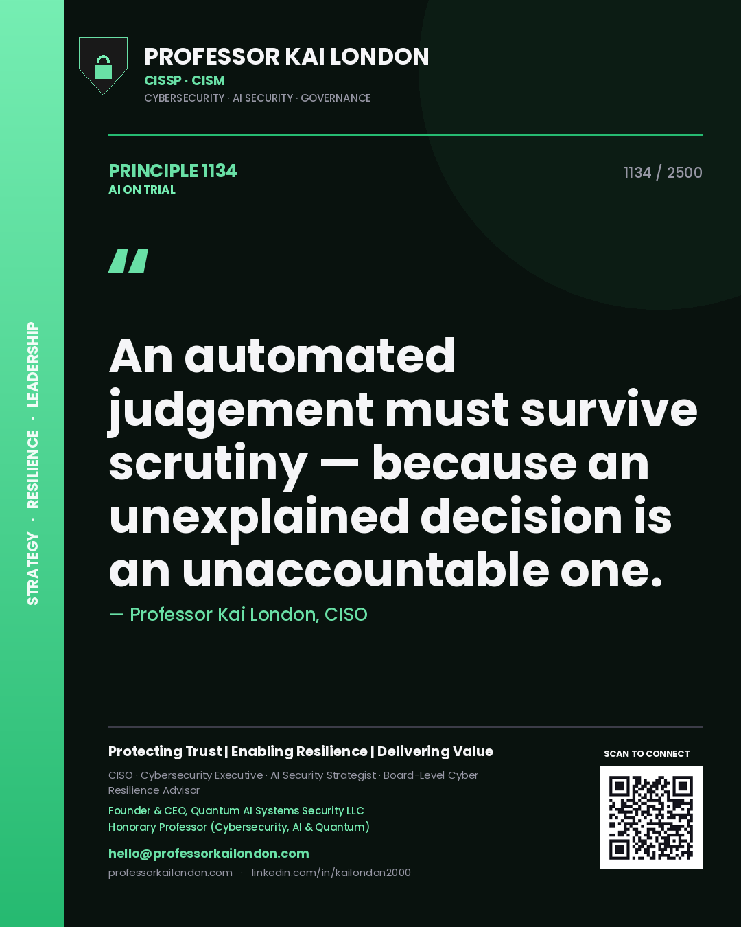Professor Kai London principle 1134: An automated judgement must survive scrutiny — because an unexplained decision is an unaccountable one.