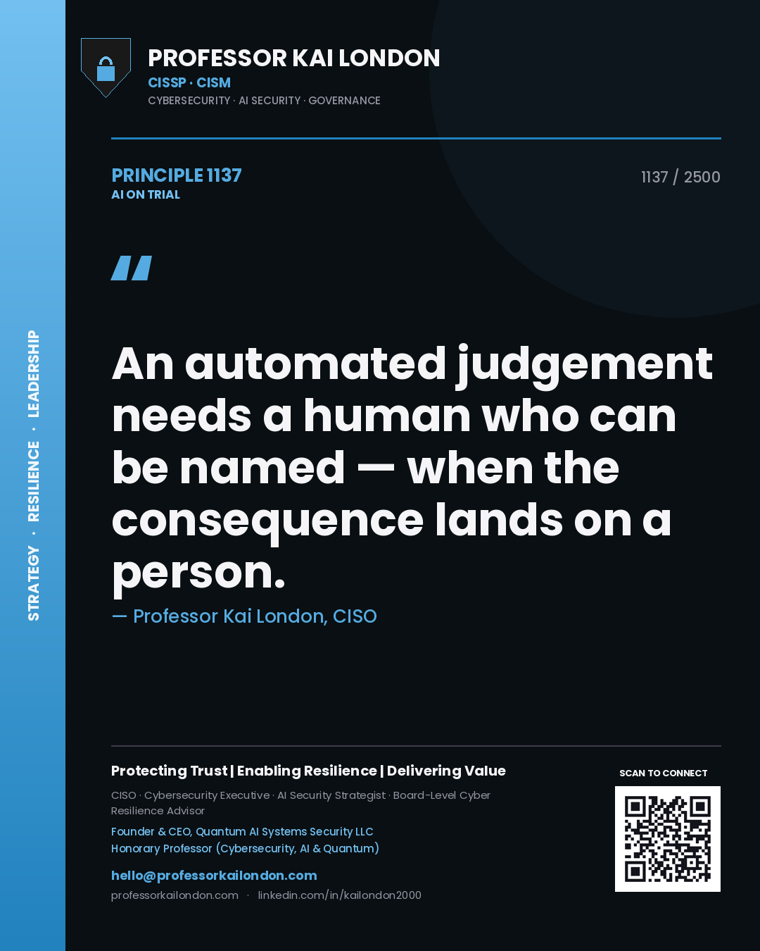 Professor Kai London principle 1137: An automated judgement needs a human who can be named — when the consequence lands on a person.