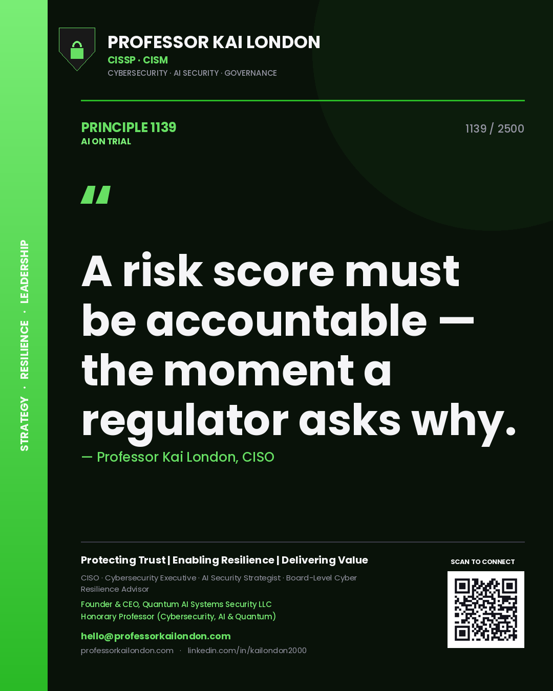 Professor Kai London principle 1139: A risk score must be accountable — the moment a regulator asks why.