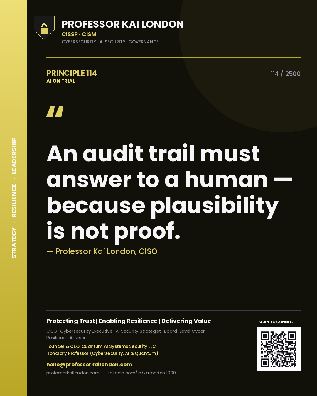 Professor Kai London principle 114: An audit trail must answer to a human — because plausibility is not proof.
