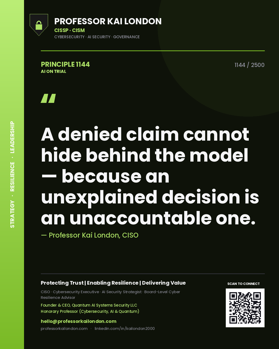 Professor Kai London principle 1144: A denied claim cannot hide behind the model — because an unexplained decision is an unaccountable one.