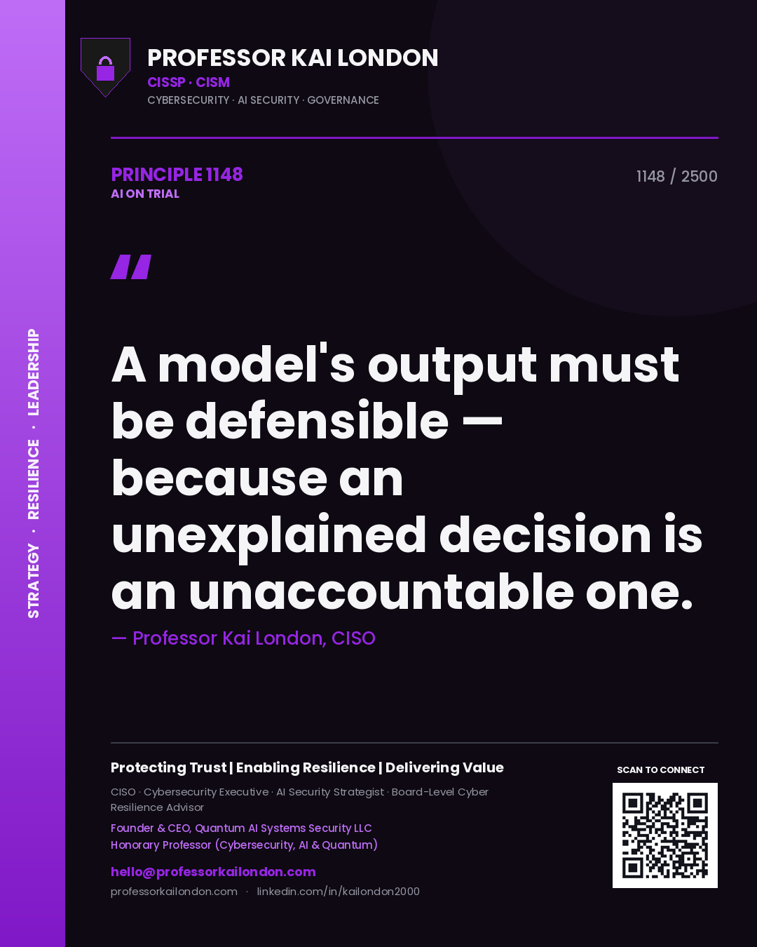 Professor Kai London principle 1148: A model's output must be defensible — because an unexplained decision is an unaccountable one.