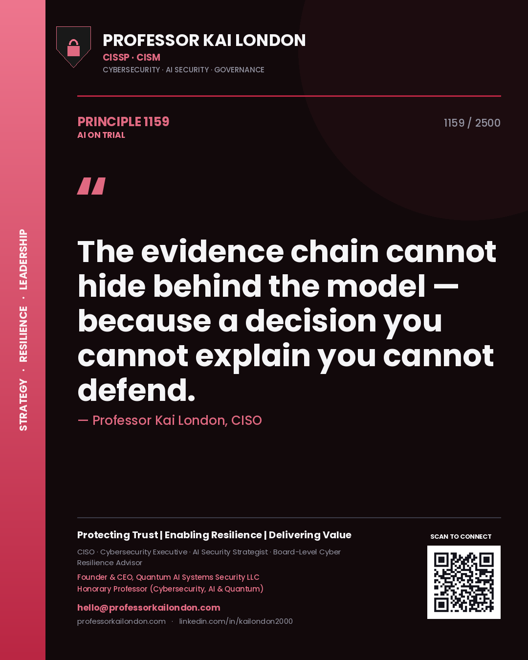 Professor Kai London principle 1159: The evidence chain cannot hide behind the model — because a decision you cannot explain you cannot defend.