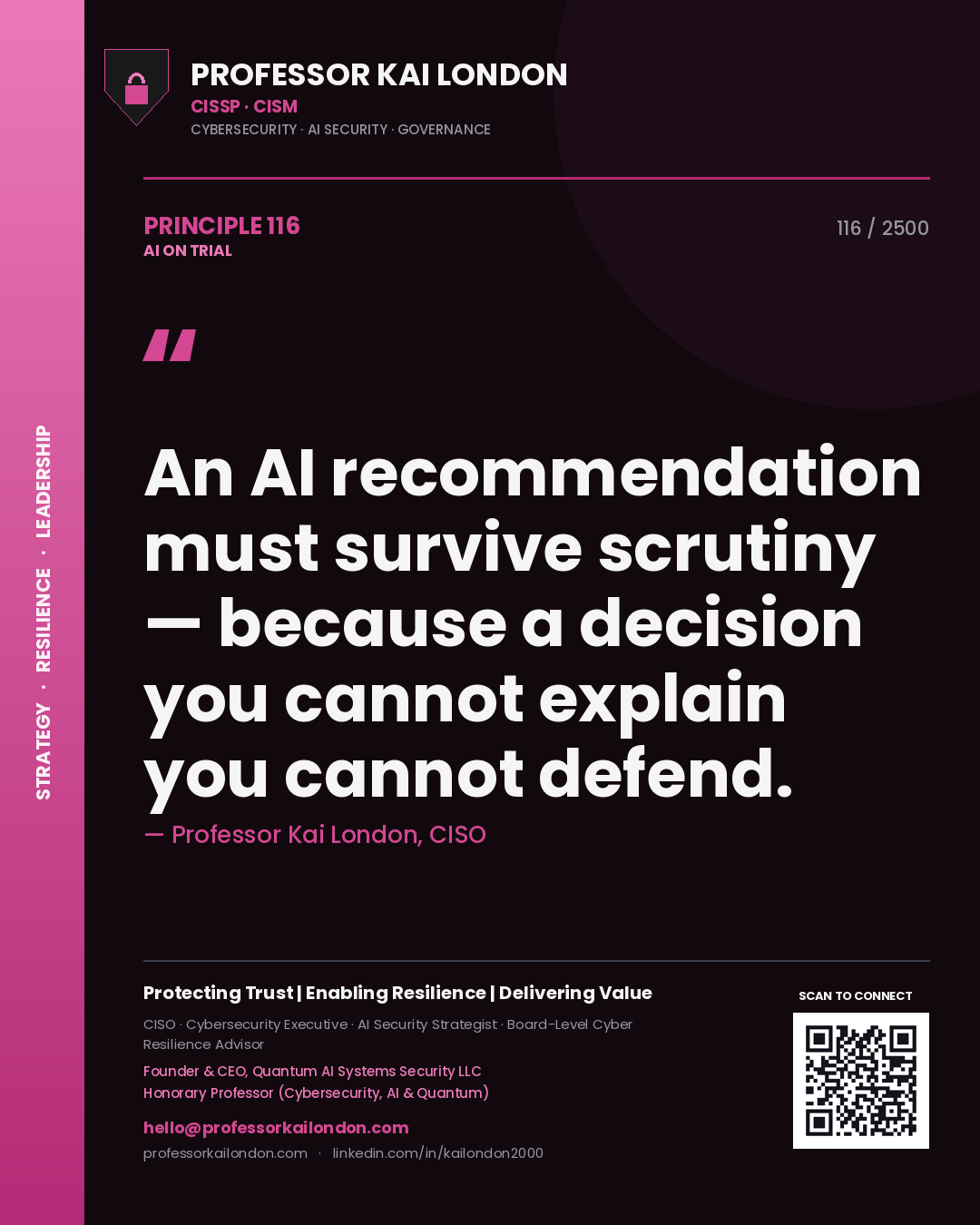 Professor Kai London principle 116: An AI recommendation must survive scrutiny — because a decision you cannot explain you cannot defend.
