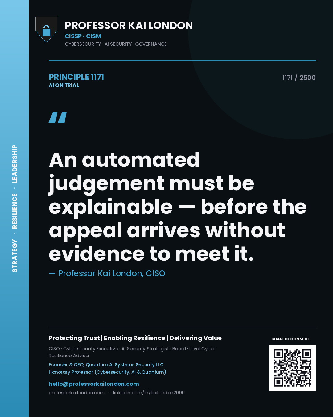 Professor Kai London principle 1171: An automated judgement must be explainable — before the appeal arrives without evidence to meet it.