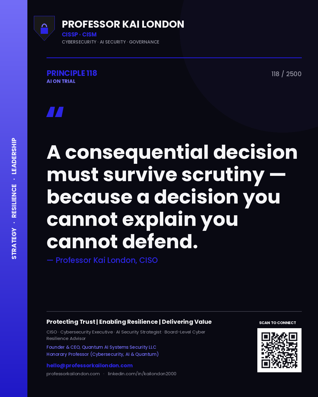 Professor Kai London principle 118: A consequential decision must survive scrutiny — because a decision you cannot explain you cannot defend.