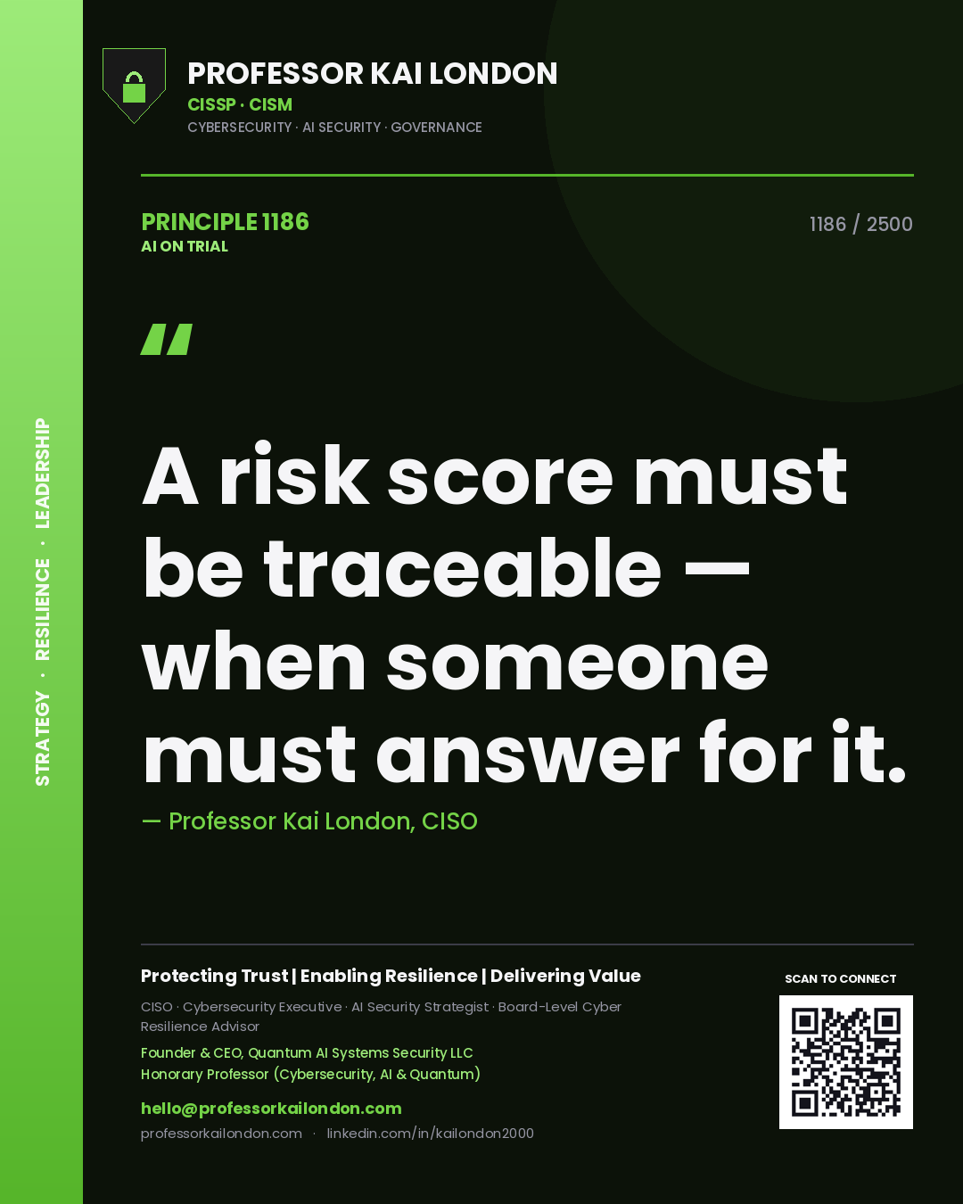 Professor Kai London principle 1186: A risk score must be traceable — when someone must answer for it.