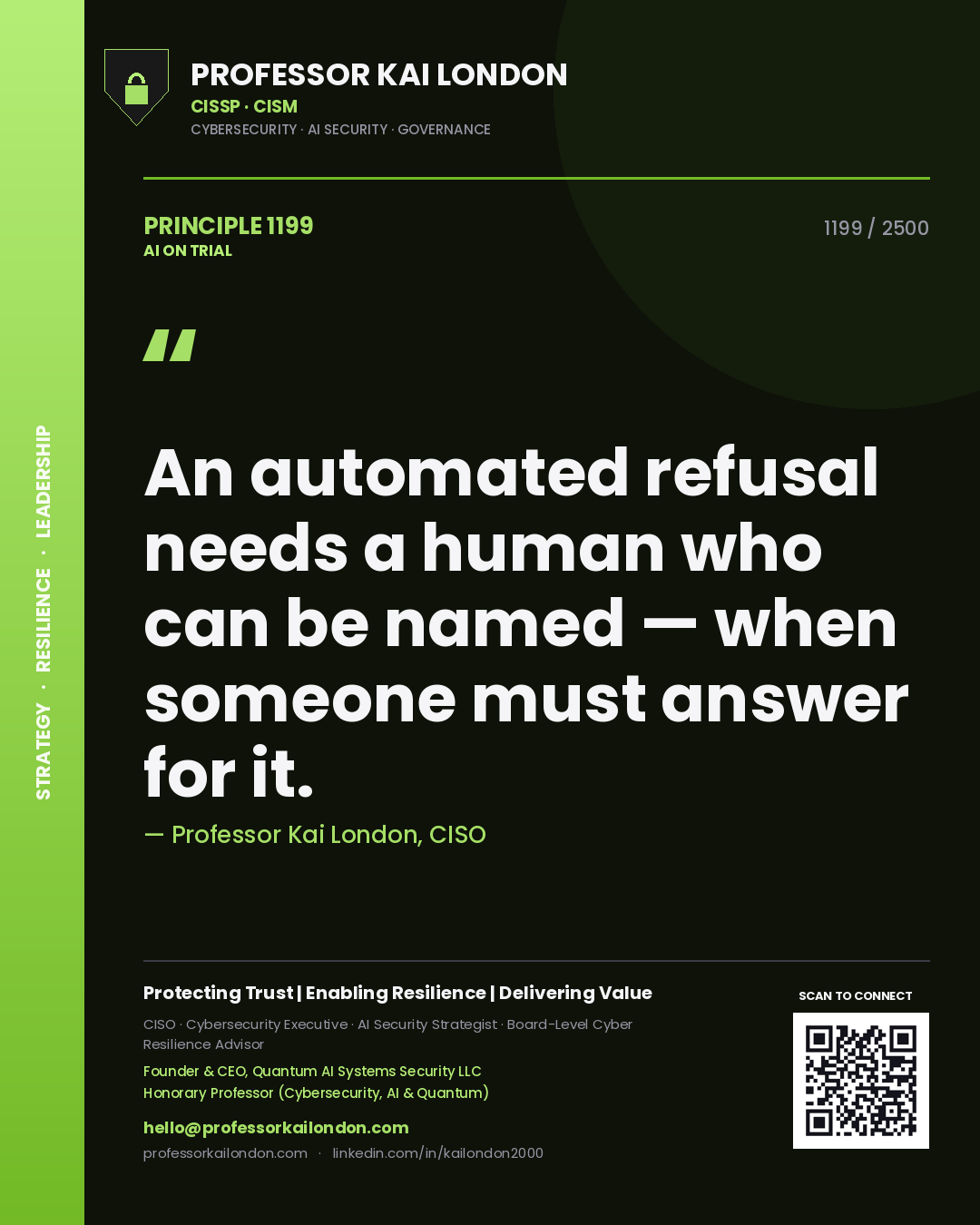 Professor Kai London principle 1199: An automated refusal needs a human who can be named — when someone must answer for it.