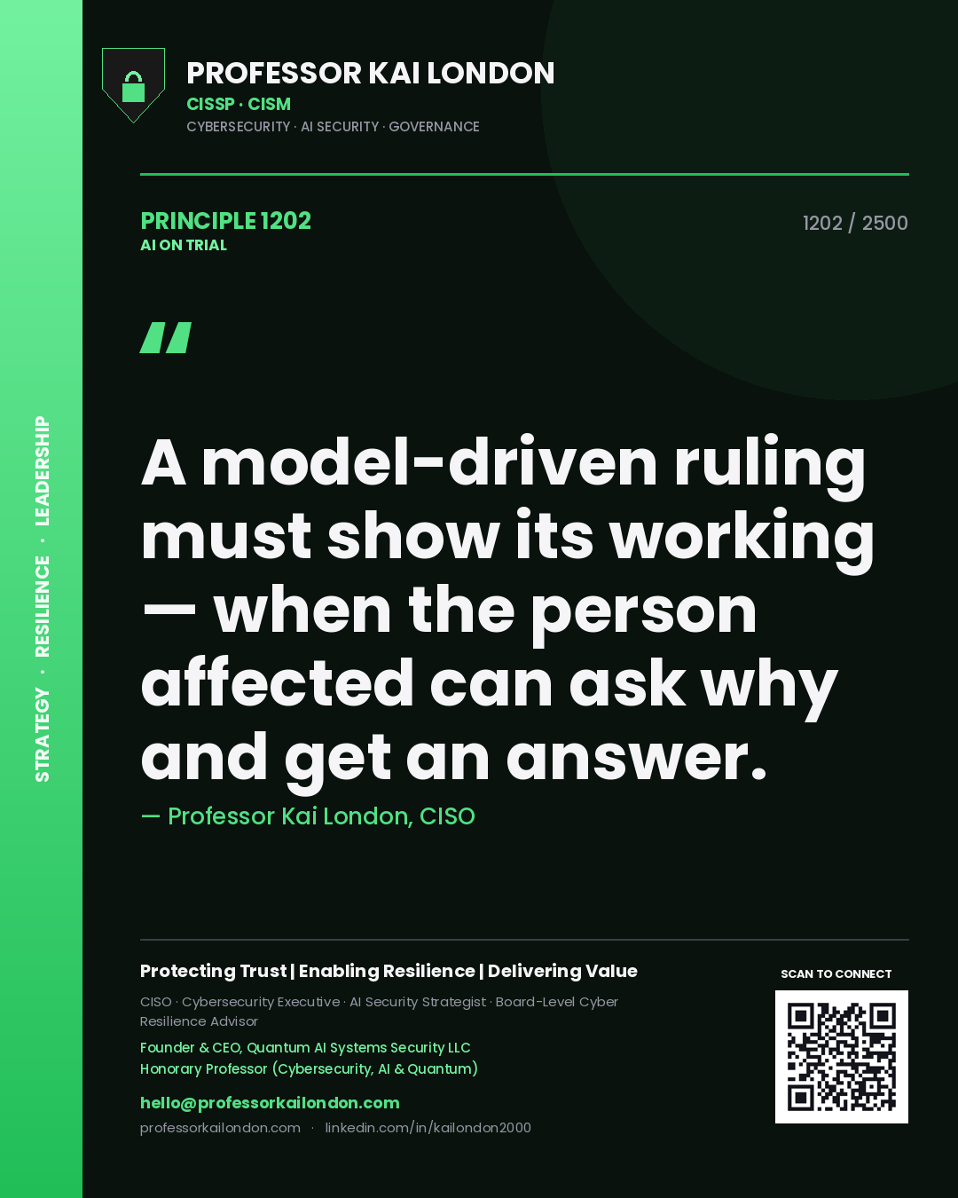 Professor Kai London principle 1202: A model-driven ruling must show its working — when the person affected can ask why and get an answer.