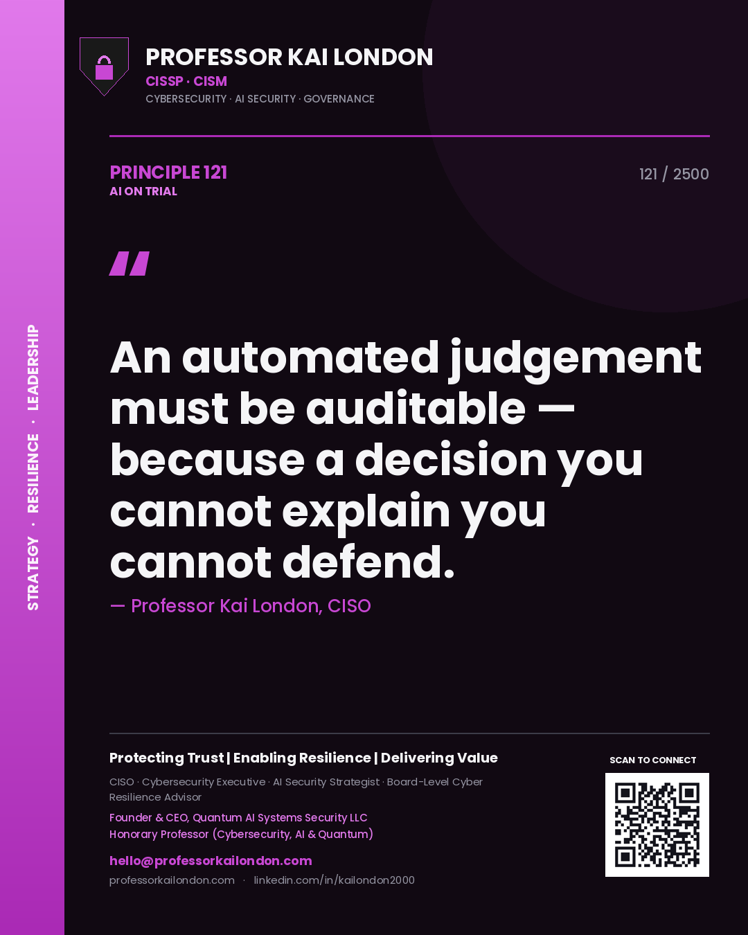 Professor Kai London principle 121: An automated judgement must be auditable — because a decision you cannot explain you cannot defend.