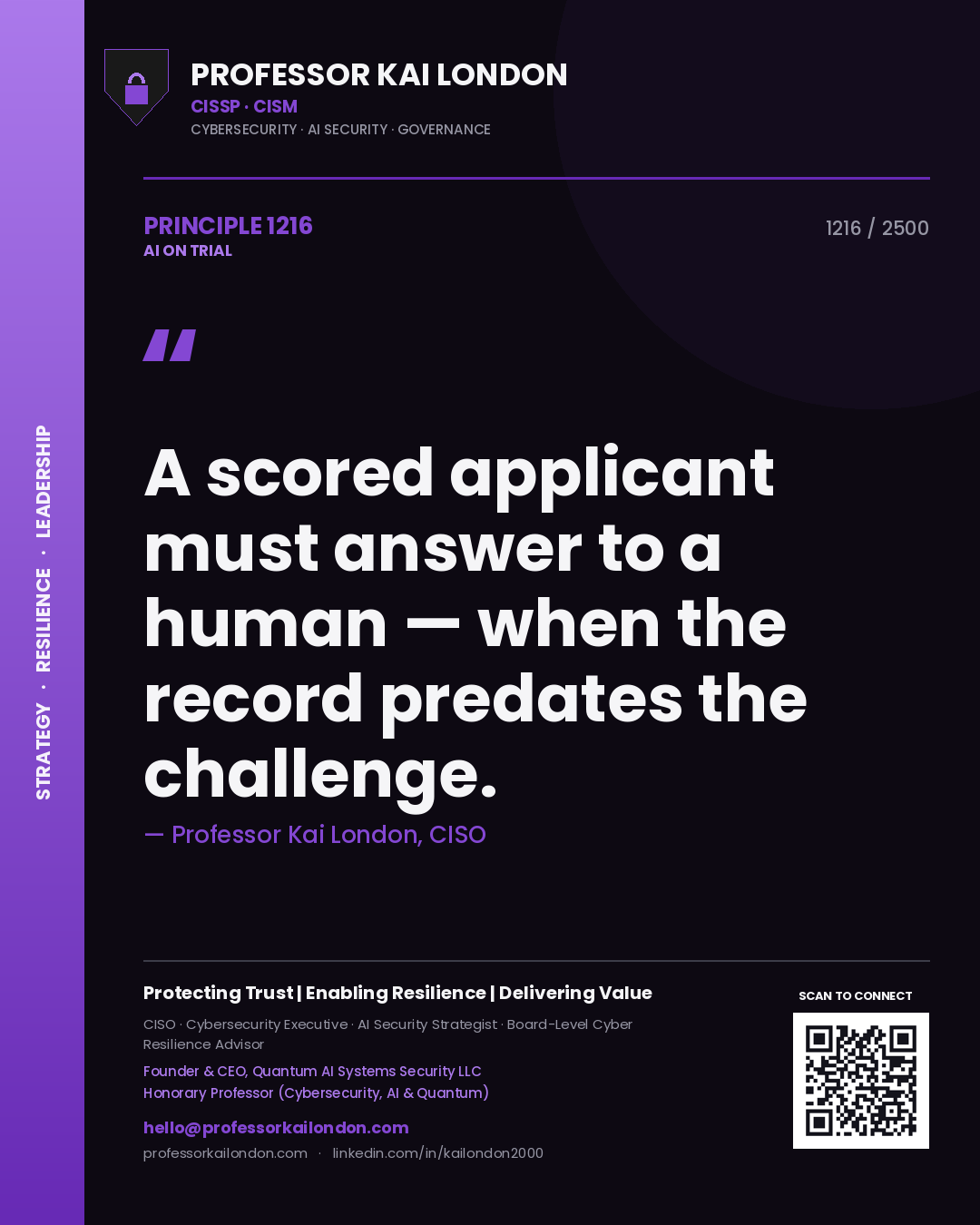 Professor Kai London principle 1216: A scored applicant must answer to a human — when the record predates the challenge.